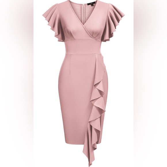 Knitee Women's Deep-V Neck Ruffle Sleeves Cocktail Party Dress - Picture 3 of 4